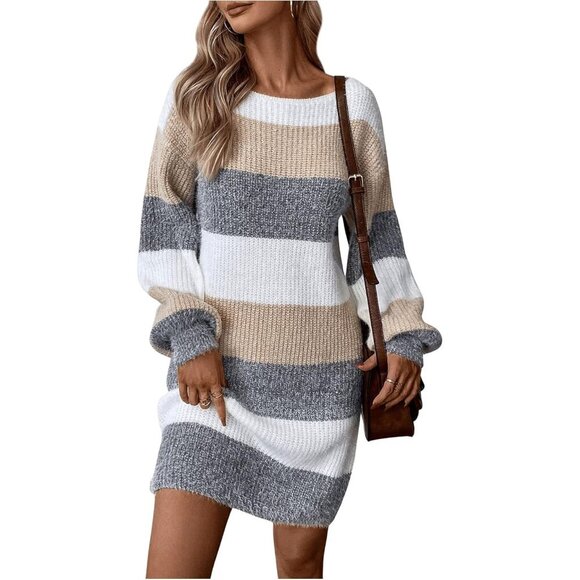 Dresses & Skirts - Chic Striped Long Sleeve Knit Dress - Perfect for Fall & Winter Style